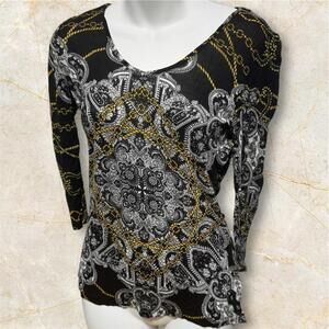 Black and gold super soft long sleeve blouse with V-neck and 3/4 sleeves